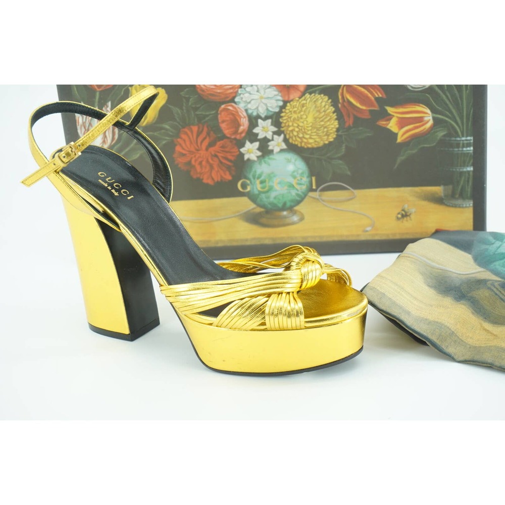 Gucci Allie Knotted Platform Block Heel Sandal Metallic Gold